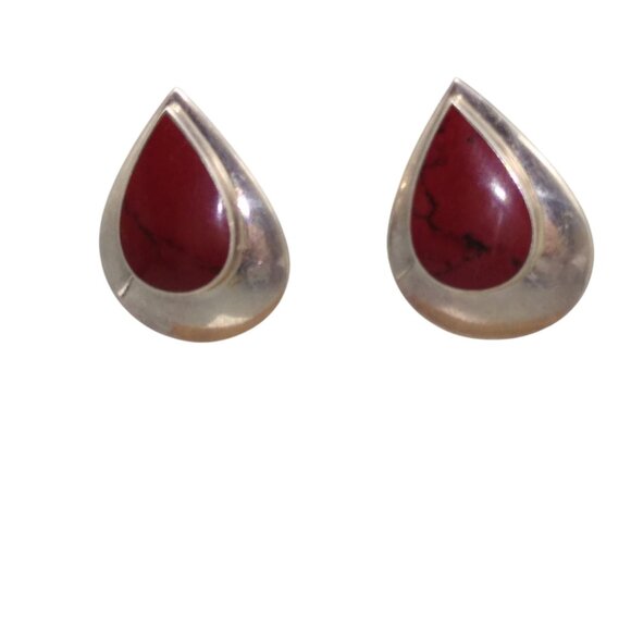Bloodstone Bezel Set Cabochon Earrings, Sterling Silver Teardrop Studs - Picture 2 of 5